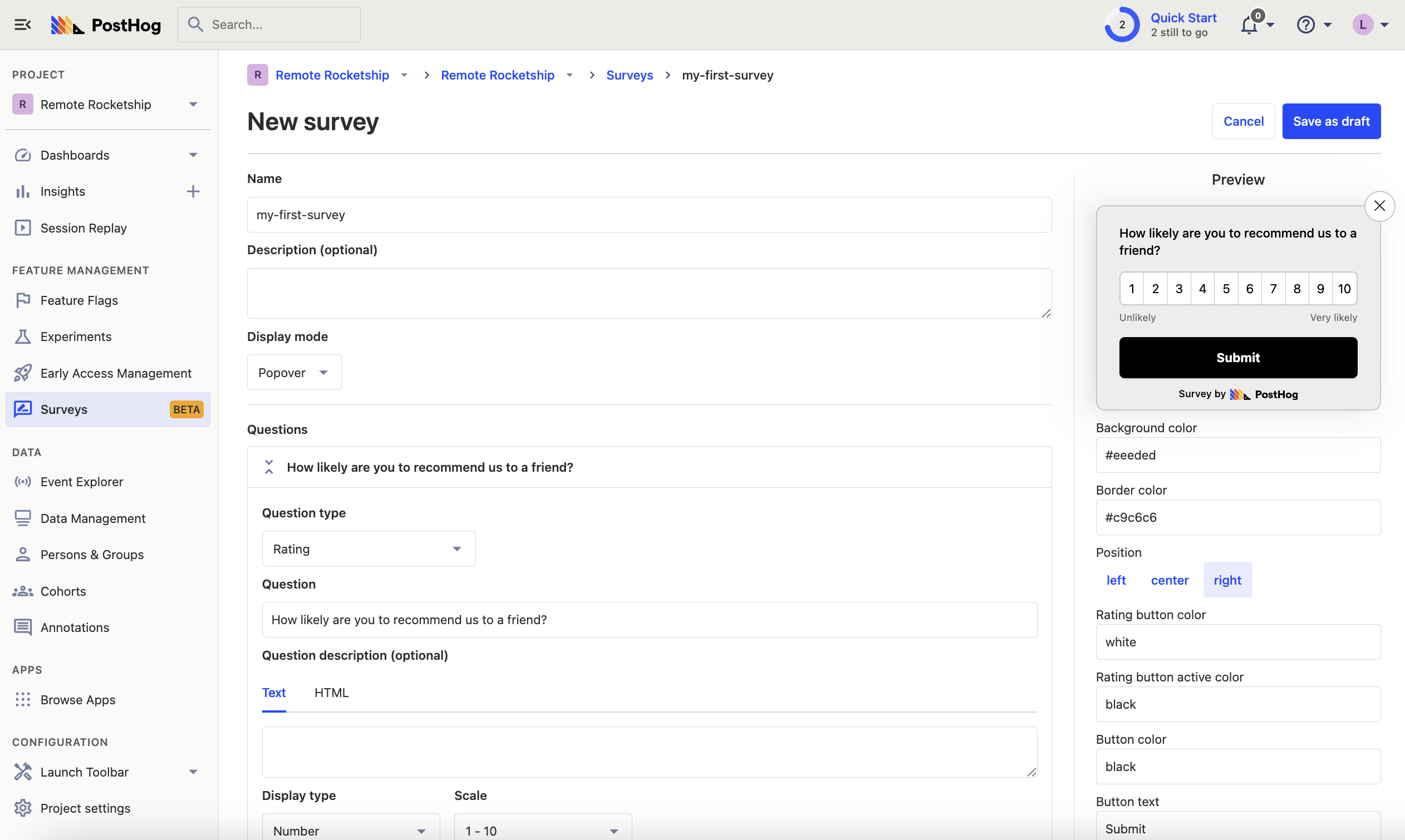 Popover survey set up