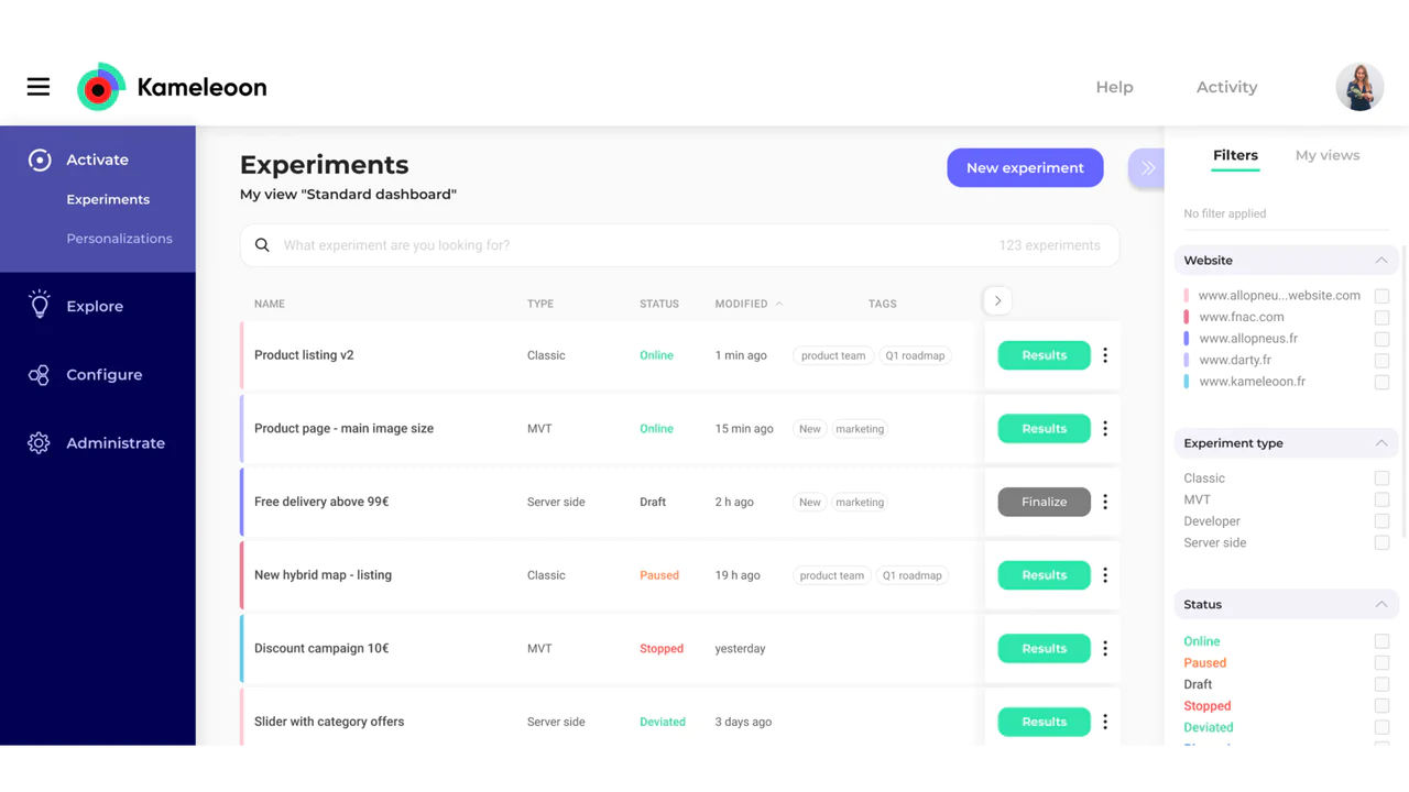 Kameleoon mobile app A/B tests