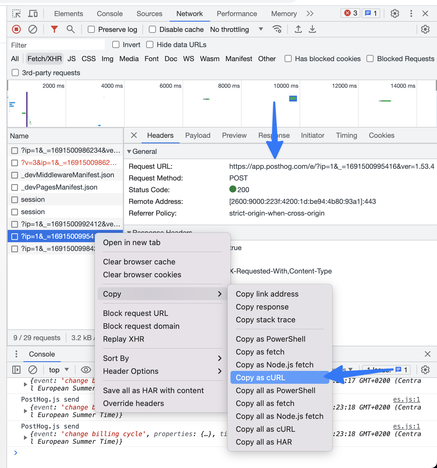 network request being sent to posthog